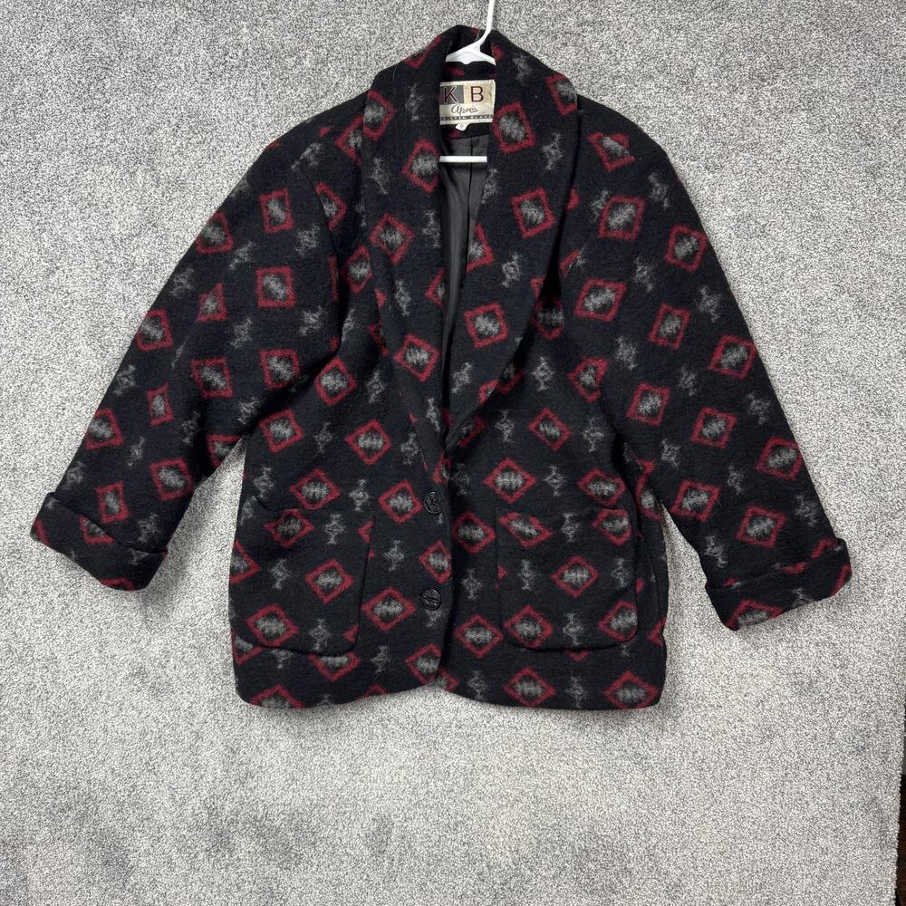 Vintage KB Apres Kristen Blake Coat Womens M Black Wool Southwestern‎ Ski Argyle